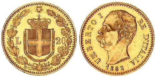 イタリア 20 リラ 金貨 1882年 ウンベルト1世 Vf/Vf-St｜WORLD RESOURCE【KING店】