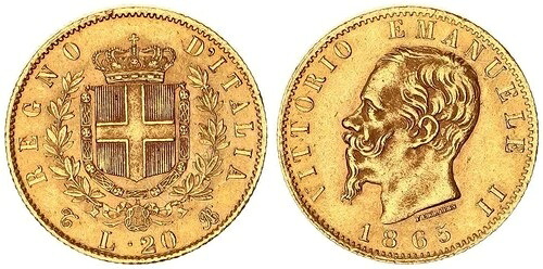 イタリア王国 20リラ金貨 1865年 ヴィットーリオ・エマヌエーレ2世 1861-1878 Vf 129415