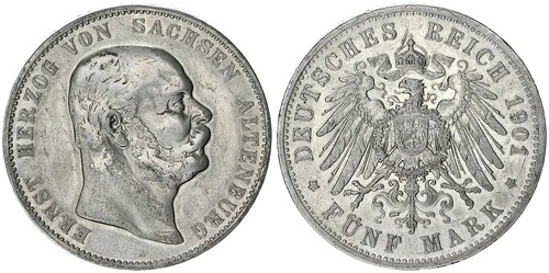 ザクセン・アルテンブルク 5マルク銀貨 1901年 エルンスト公爵SS、わずかに平滑な仕上げ 128762｜WORLD RESOURCE【KING店】