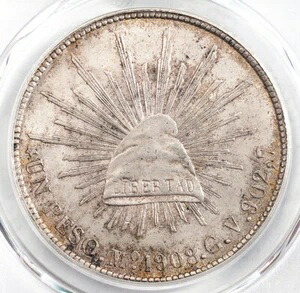 1908年、メキシコ（第二共和国）。美しい銀製「イーグル」ペソ硬貨。PCGS MS-64！｜WORLD RESOURCE【KING店】