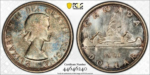 1954年 SWL MS-64 カナダ 1ドル銀貨 - PCGS認定ショートウォーターライン