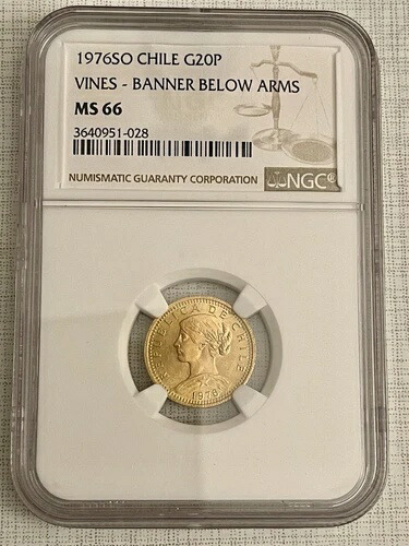 チリ 1976年 SO ブドウ畑の旗（紋章下） 20ペソ金貨 NGC MS66 SKU#4670 331,650円