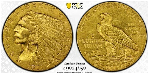 1911年 P ゴールド クォーターイーグル $2 1/2 インディアン PCGS MS-62 335,610円