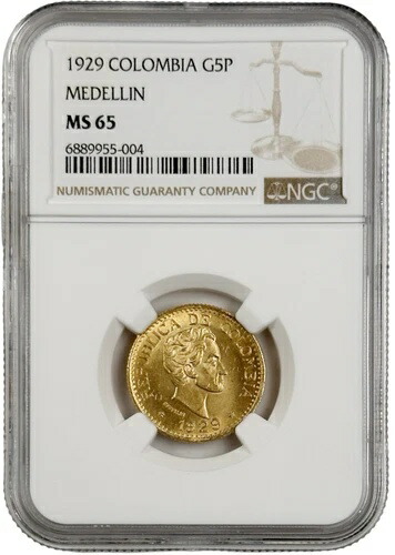 1929年 コロンビア 5ペソ金貨 メデジン 0.2355オンス NGC MS 65