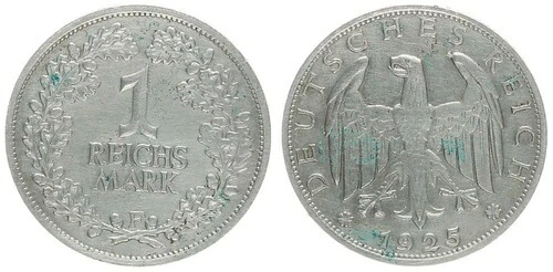 ワイマール 1 マーク J.319 1925F 銅ニッケルの材料サンプル 64783