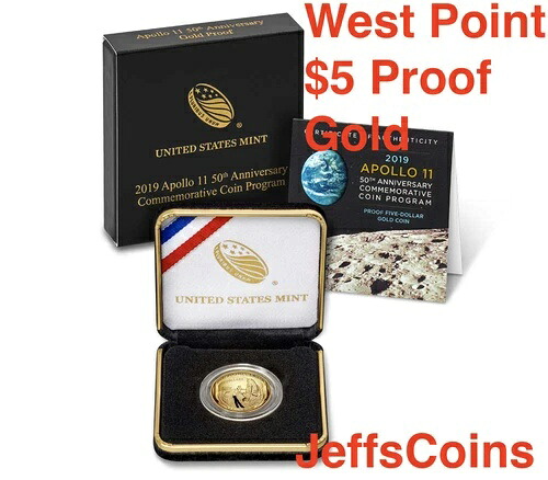 2019年 W アポロ11号 50周年記念 プルーフ 5ドル金貨 ウェストポイント 米国造幣局 新品 19CA