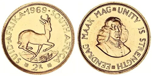 南アフリカ 2ランド金貨 1969年 スプリングボック造幣局 122016-