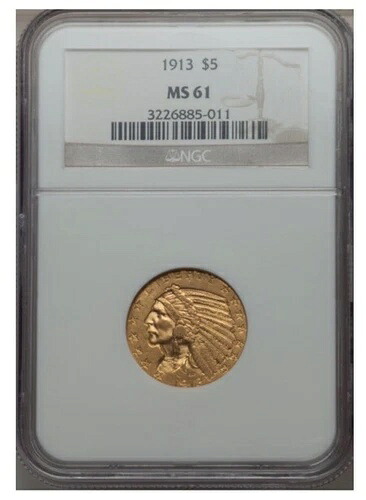 1913年 インディアンヘッド ハーフイーグル 5ドル金貨 NGC MS61 341,550円