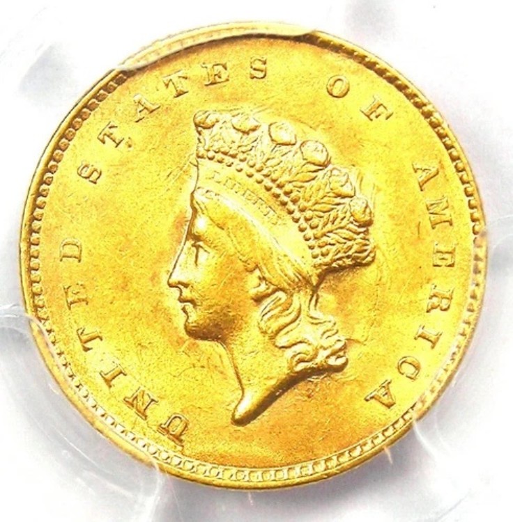 1855年 タイプ2 インド金貨（G$1コイン） - PCGS 未流通詳細（UNC MS）