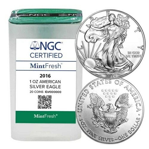 20ロール - 2016年 $1 アメリカン シルバー イーグル NGC MintFresh チューブ