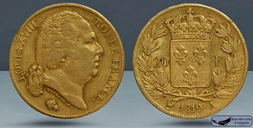 1819 A、20フラン、フランス、パリ造幣局、0.1867オンス純金、KM 712.1、C8135|WORLD RESOURCE【KING店】