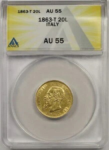 1863-T イタリア 金貨 20 リラ AU 55 ANACS|WORLD RESOURCE【KING店】