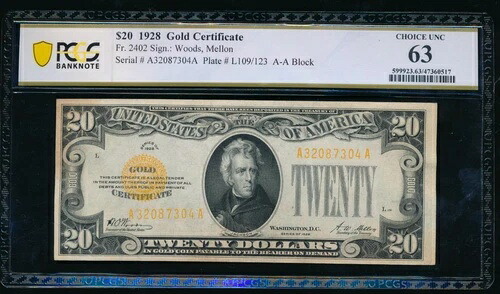 AC Fr 2402 1928 $20 金証明書 PCGS 63 コメント｜WORLD RESOURCE【KING店】
