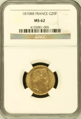 フランス、金貨 20 フラン 1870 BB - NGC MS 62、RARE2|WORLD RESOURCE【KING店】