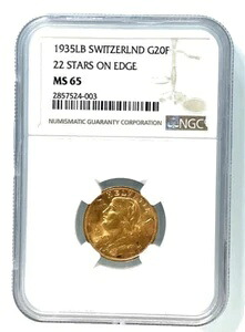 1935LB 22 Stars On Edge 20フラン スイスゴールド NGC MS65 キーデート｜WORLD RESOURCE【KING店】