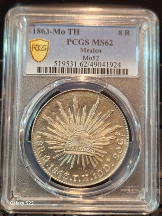 1863-Mo TH 8 Reales PCGS MS62 メキシコ Mo52 ゴールドシールド(Pop 5)はプルーフのような外観|WORLD RESOURCE【KING店】