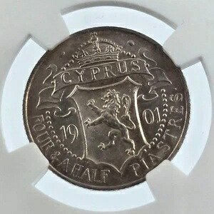 キプロス 4.5 銀ピアストレ貨幣 1901年 ヴィクトリア女王 NGC AU58