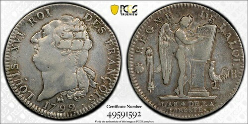 フランス 1792 B Ecu PCGS XF 詳細クリーニング済み Gad55 ドット 2nd ステム 希少