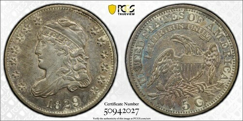 1829年製 キャップドバスト ハーフダイム LM-12 R-6 PCGS AU 詳細 レインボートーン