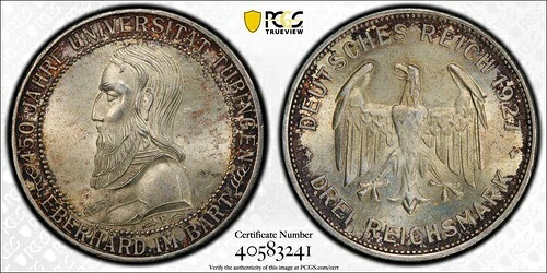 ドイツ 1927 F 3 マーク・テュービンゲン大学 PCGS Ms64 J-238 ワイマール共和国 希少 221,100円