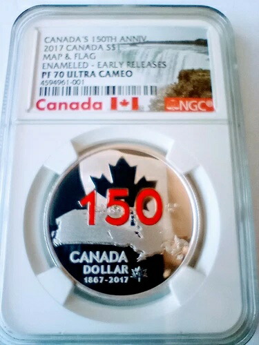 2017年 S$1 カナダ150周年記念 地図と国旗 エナメル NGC PF70 UC 早期リリース pop 6