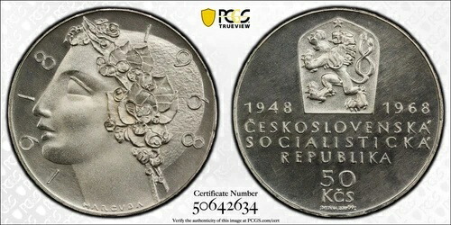チェコスロバキア 1968年 50コルナ 50/20年 PCGS PF66 -2000 鋳造
