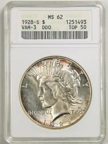 1928-S DDO 1ドル平和銀貨 MS62 ANACS 1251493 古い「ソープボックス」ホルダー VAM-3