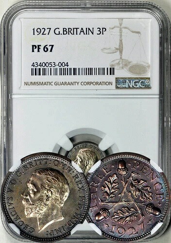 イギリス ジョージ5世 1927年 3ペンス NGC PF-67。虹色のトーン。プルーフ付きで希少！