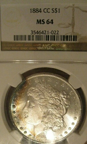 1884年CCモルガン銀貨 - BU、NGC MS 64、カラフルトーニング表面4186
