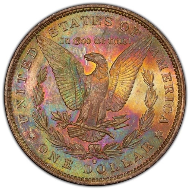 1884-O モルガン銀貨 PCGS MS63 - 美しい裏面のレインボー調色パターン