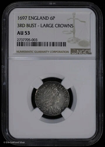 1697年 6ペンス銀貨 イングランド ウィリアム3世 NGC AU 53 ラージクラウン 219,450円