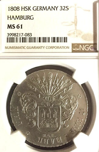 ドイツ国営ハンブルク 1808 HSK 32シリング硬貨 ターラー NGC MS 61ターラー 希少