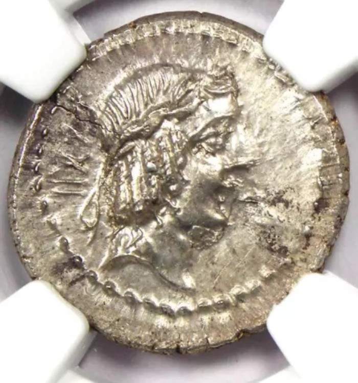 L.C. ピソ フルギ AR デナリウス コイン 90 BC - 認定 NGC MS (UNC) - レア コイン!