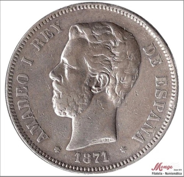 スペイン 5ペセタ 1871年 (*18*73) DEM - 25 Gr. 銀貨 MBC / VF Amadeo I
