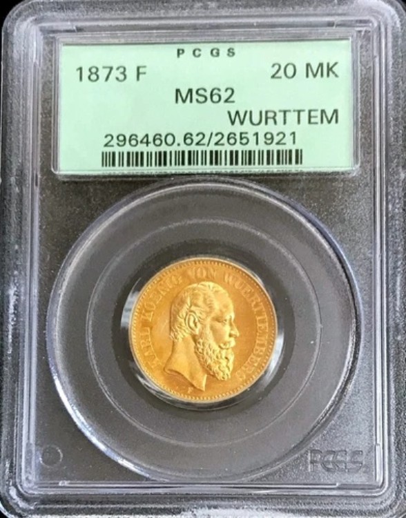 1873 F 金貨 ドイツ ヴュルテンベルク 20 マルク カール1世 コイン PCGS ミント ステート 62 PQ