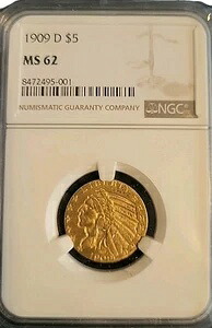 1909年 D $5 インディアンヘッドハーフイーグル金貨 NGC Ms62 美しいコイン新品