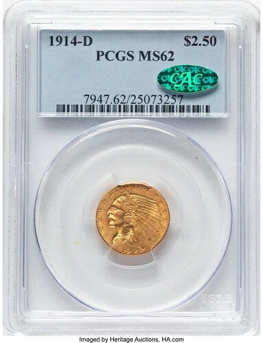1914-D $2.50 CAC インディアンクォーターイーグル PCGS MS62