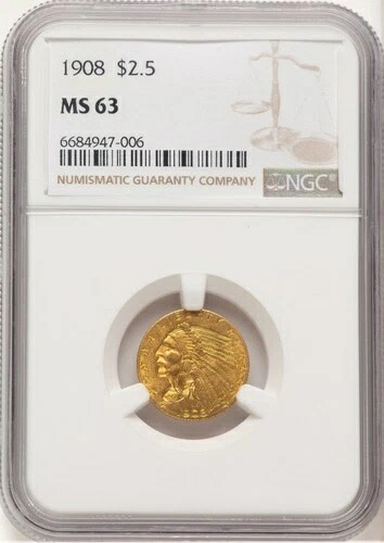 1908年 2.50ドル ブラウンラベル インディアンクォーターイーグル NGC MS63