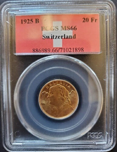 1925B スイス 金貨 20フラン KM-31 PCGS MS-66 474,760円