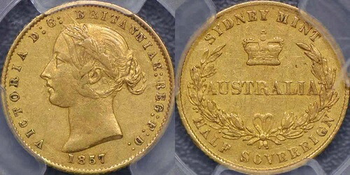 オーストラリア 1857年 シドニー造幣局 ハーフソブリン金貨 - PCGS AU50