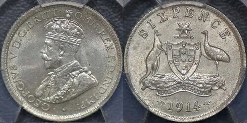 オーストラリア 1914年 シックスペンス - PCGS MS63