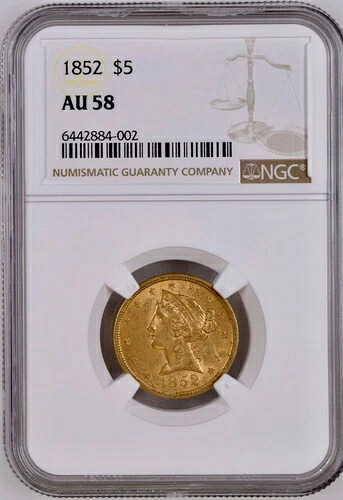 1852 年 5 ドル金リバティヘッドコイン、NGC AU-58、フィラデルフィア造幣局、1933 年以前の金貨。 440,440円