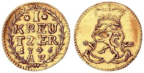 ヘッセン ダルムシュタット 金貨 1/4 クロイツァー 1746 ドゥカット F.VZ 121299