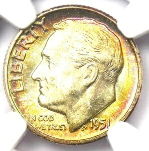 1951-P ルーズベルト・ダイム 10セント硬貨（1951年）。NGC MS68 FT (FB) 認定 - 価値3,450ドル｜WORLD RESOURCE【KING店】