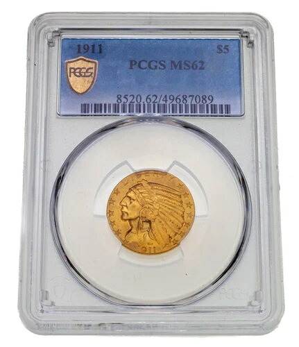 1911年 G$5 金インディアンハーフイーグル、PCGS による MS-62 の評価