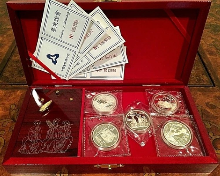 中国 1996年 発明と発見 銀貨5枚、オルゴール、ダブルシール、プルーフ