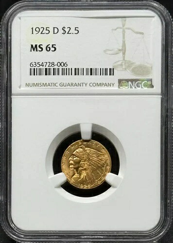 1925年 D インディアンヘッド ゴールド クォーターイーグル $2 1/2 NGC MS-65