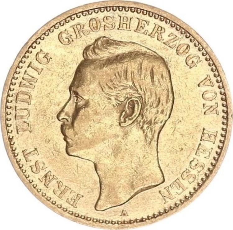 ヘッセン エルンスト ルートヴィヒ 10 マーク 1896 A ゴールド VF+/XF J 224-