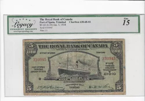 1938 ロイヤル バンク、トリニダード $5 カタログ番号 630-68-02 SN# 330945 レガシー F-15 コミュニケーター|WORLD RESOURCE【KING店】