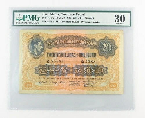 1942年 東アフリカ 20シリングまたは1ポンド(VF-30 PMG)通貨委員会 /-? P-30A